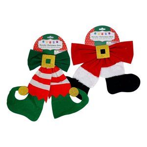 Novelty Christmas Bow (Set - Santa and Elf Leg Boots) Wrapping Decorations New